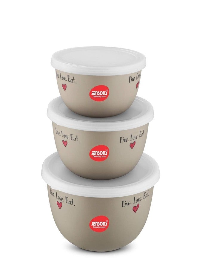 JENSONS Flora Microwave Safe Bowl | Diwali Gifts, Serving Bowl with Lid, Mixing Bowl, Oven Bowl Set Microwave, Flora Stainless Steel Bowl Set of 3 with 600ml, 800ml, 1300ml-Creame - Image 1
